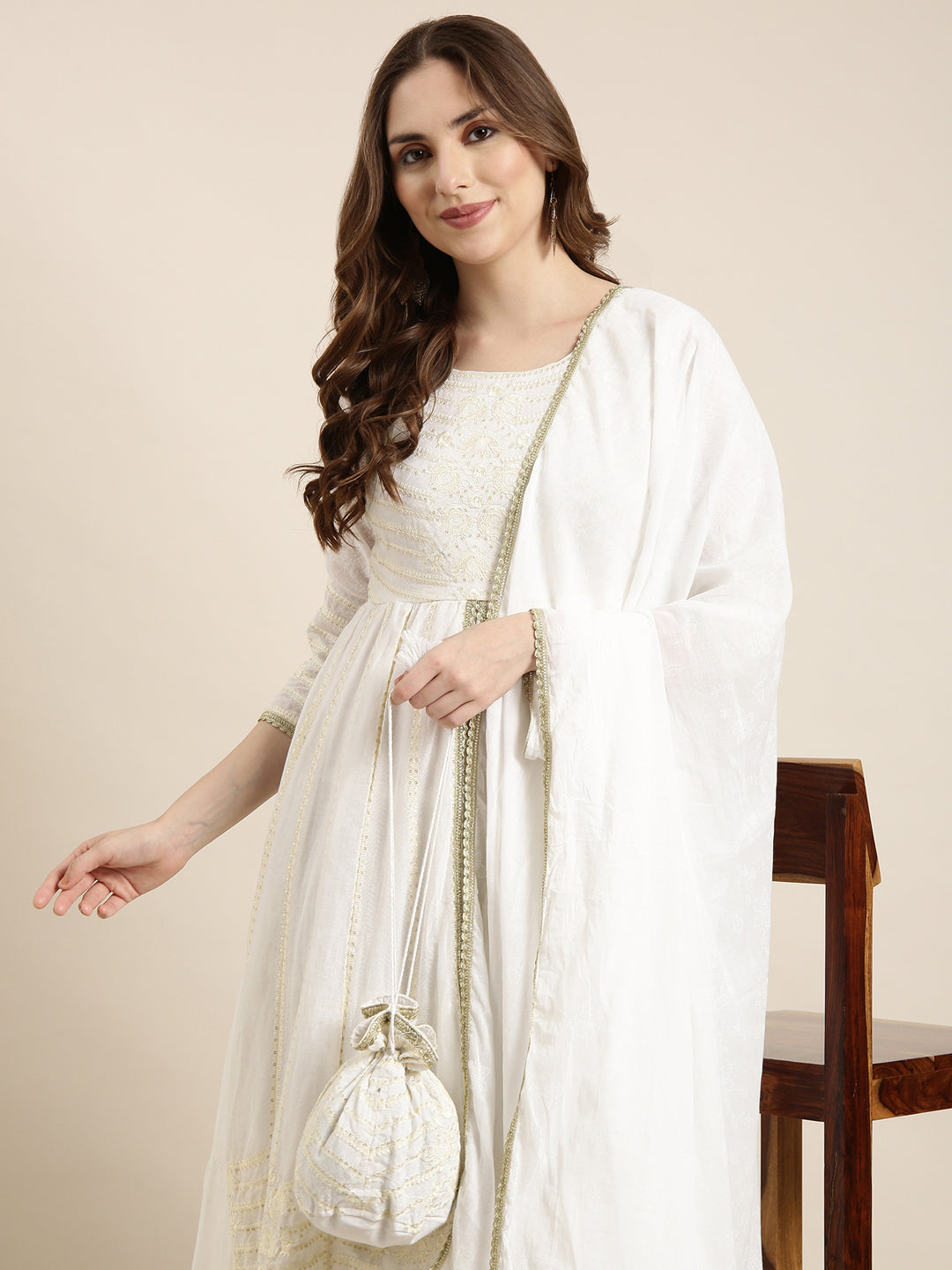 Women's Anarkali Off White Embellished Kurta Sets with Dupatta & Potli Bag