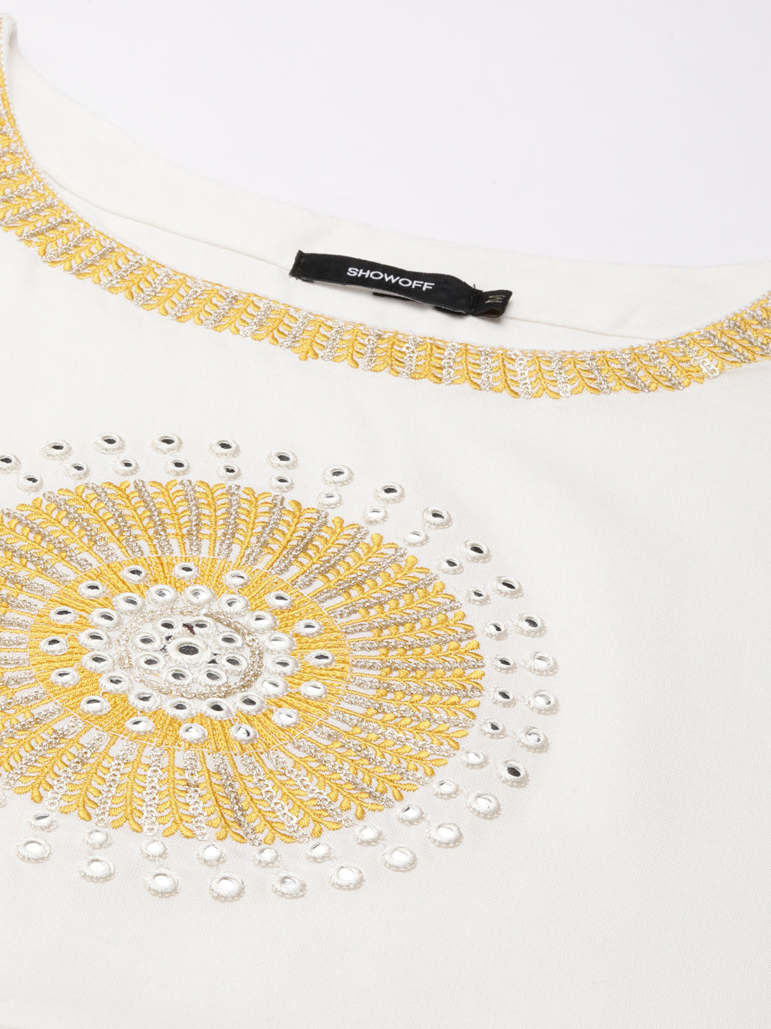 Women's Off White Embroidered Mirror Work Anarkali Kurta with Shrug