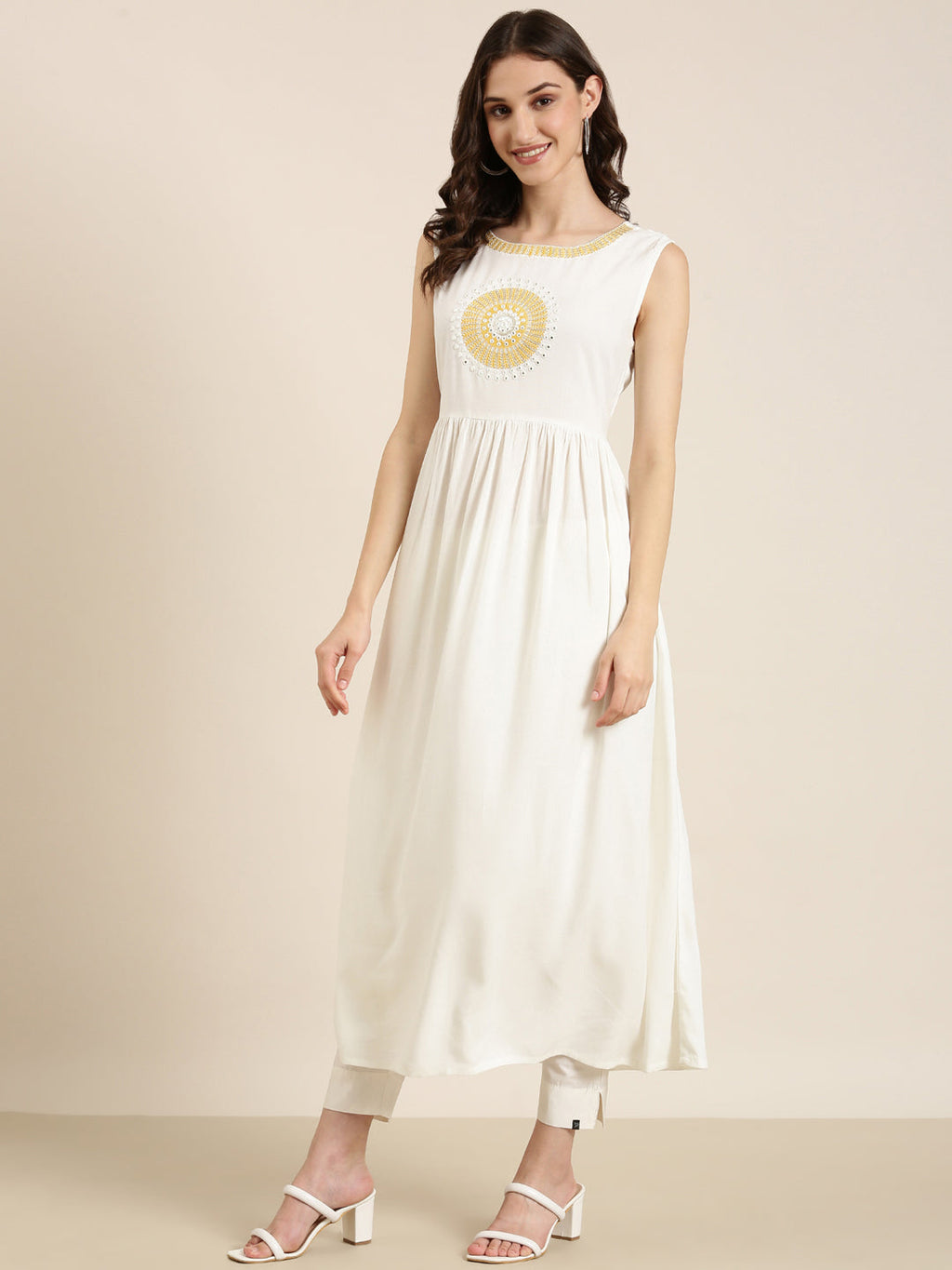 Women's Off White Embroidered Mirror Work Anarkali Kurta with Shrug