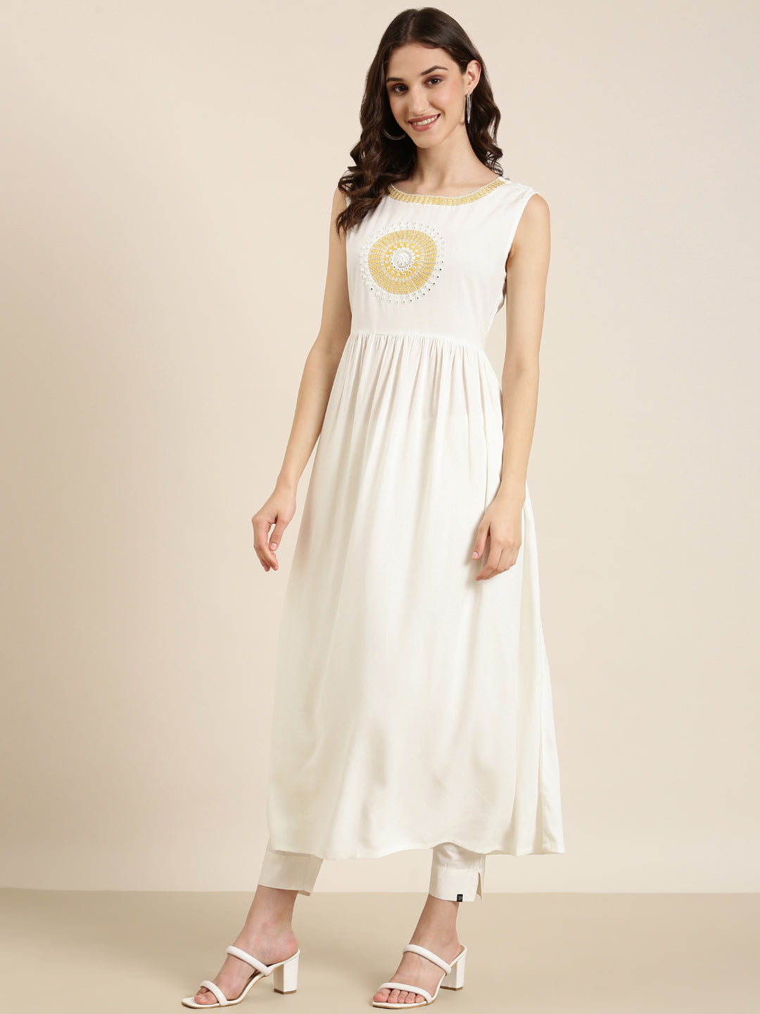 Women's Off White Embroidered Mirror Work Anarkali Kurta with Shrug