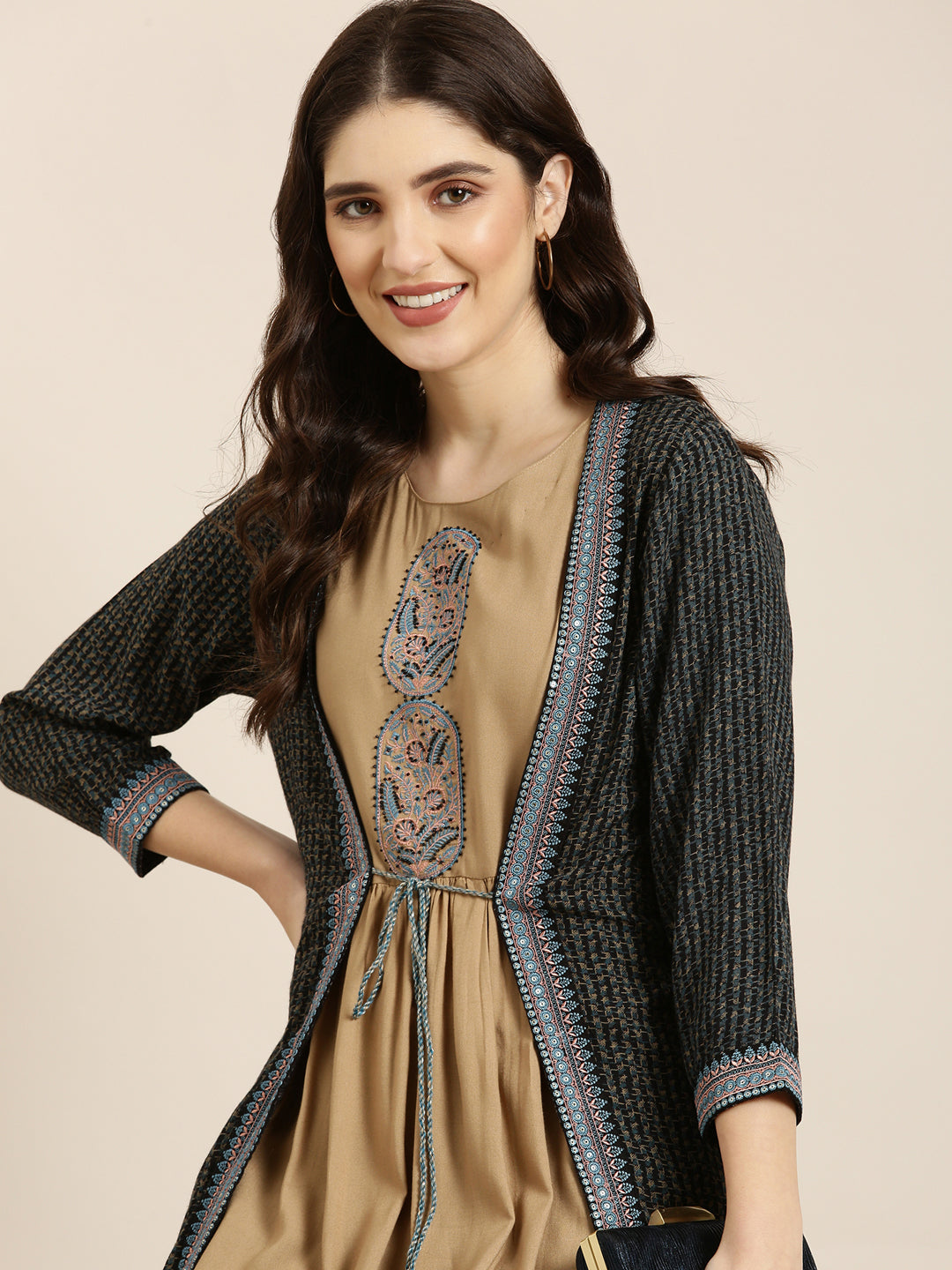 Women's Khaki Floral Printed Round Neck Anarkali Kurta