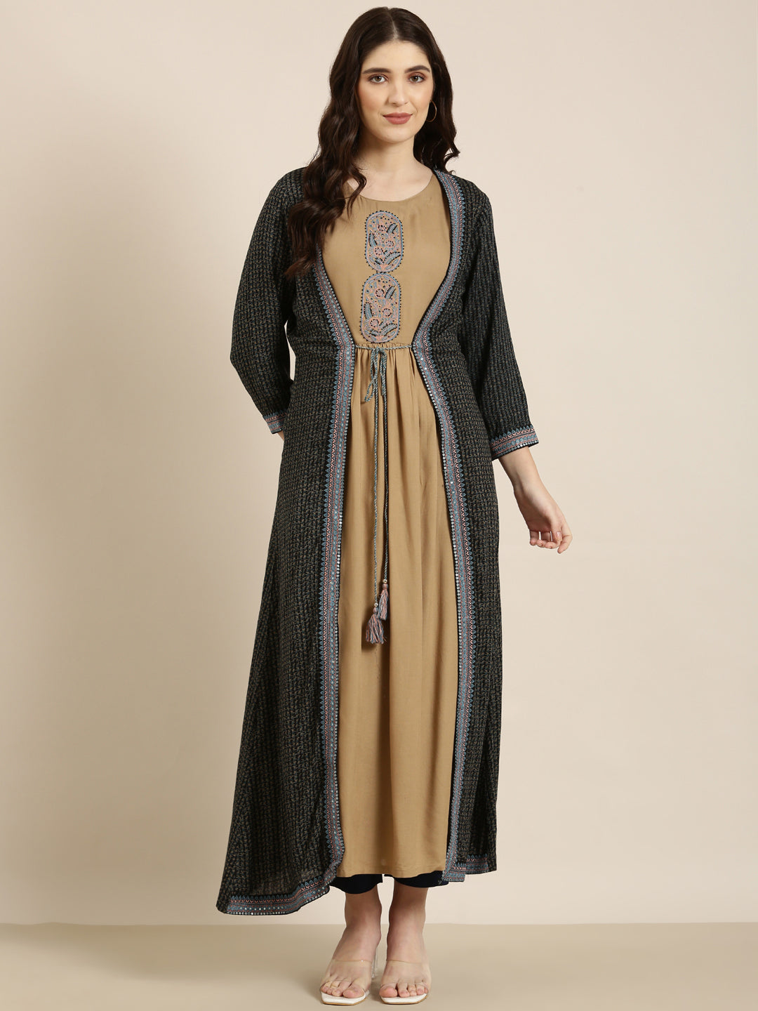 Women's Khaki Floral Printed Round Neck Anarkali Kurta