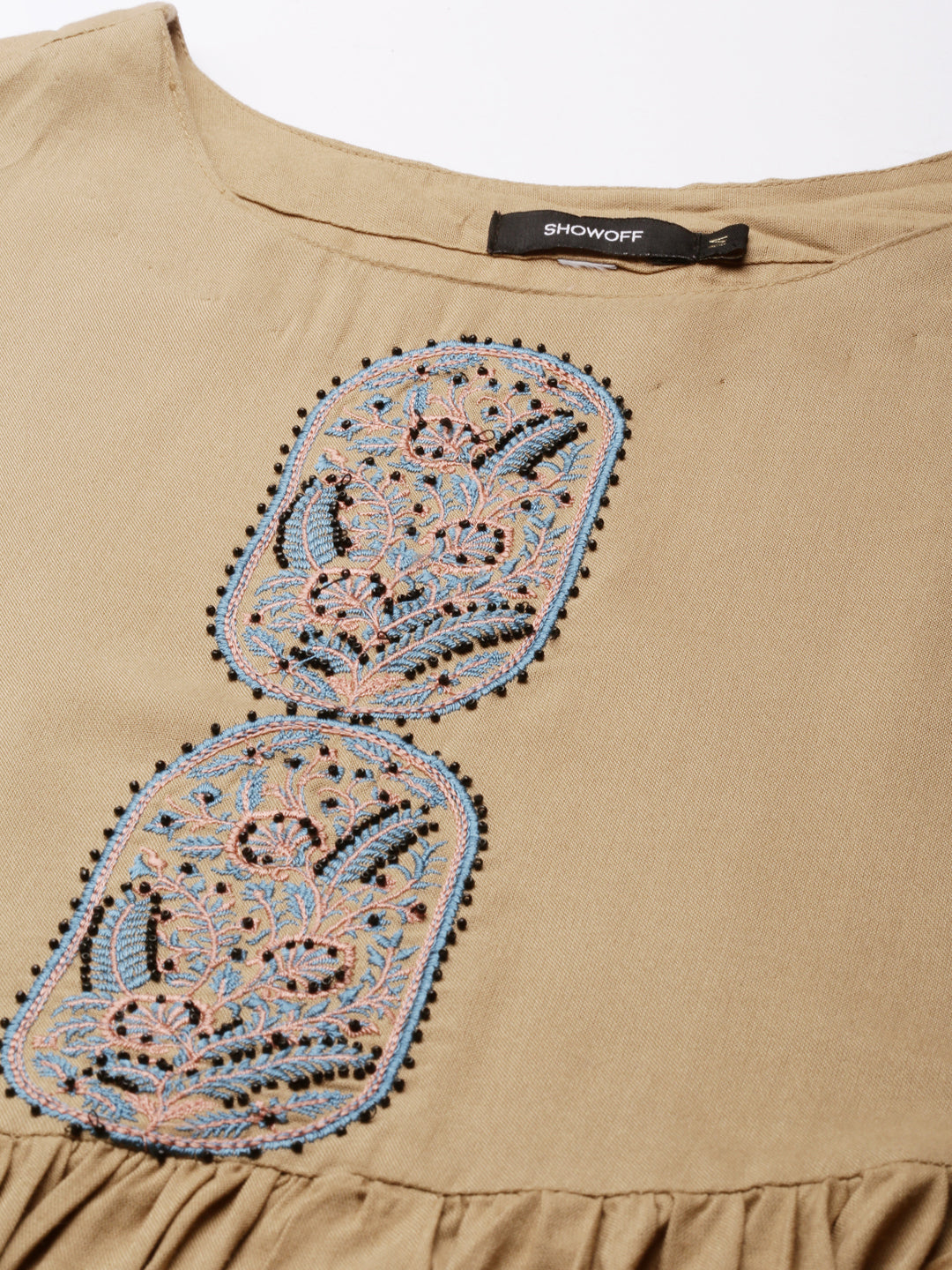 Women's Khaki Floral Printed Round Neck Anarkali Kurta