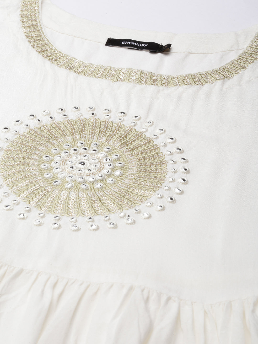 Women's Off White Embroidered Mirror Work Anarkali Kurta with Shrug