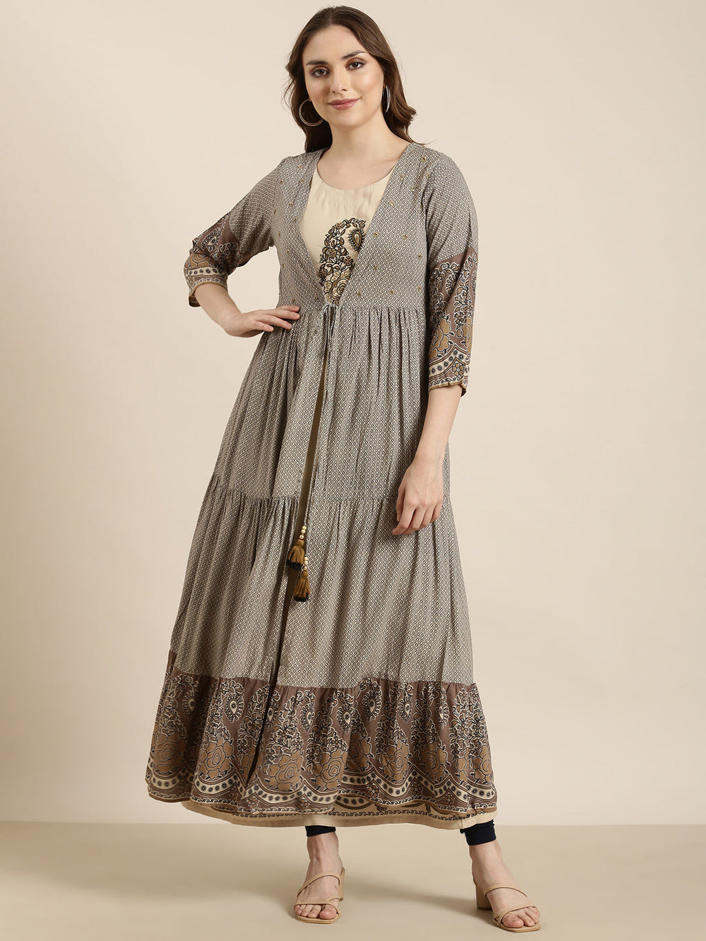 Women's Anarkali Beige Ethnic Motifs Kurta Comes With Overcoat