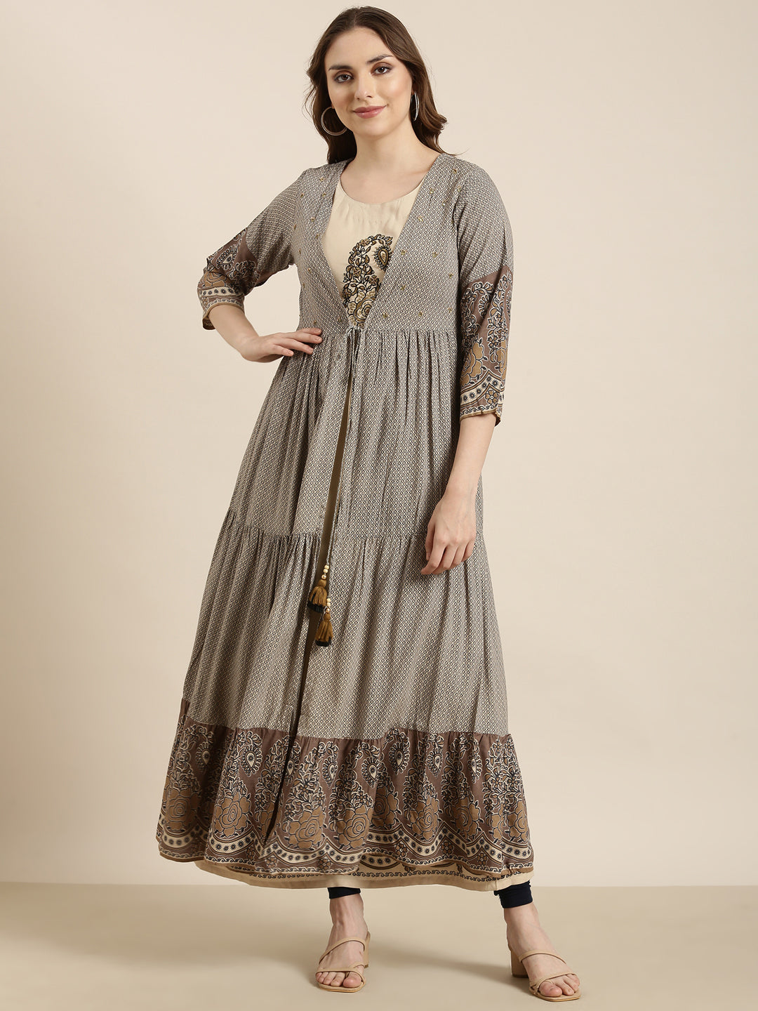 Women's Anarkali Beige Ethnic Motifs Kurta Comes With Overcoat