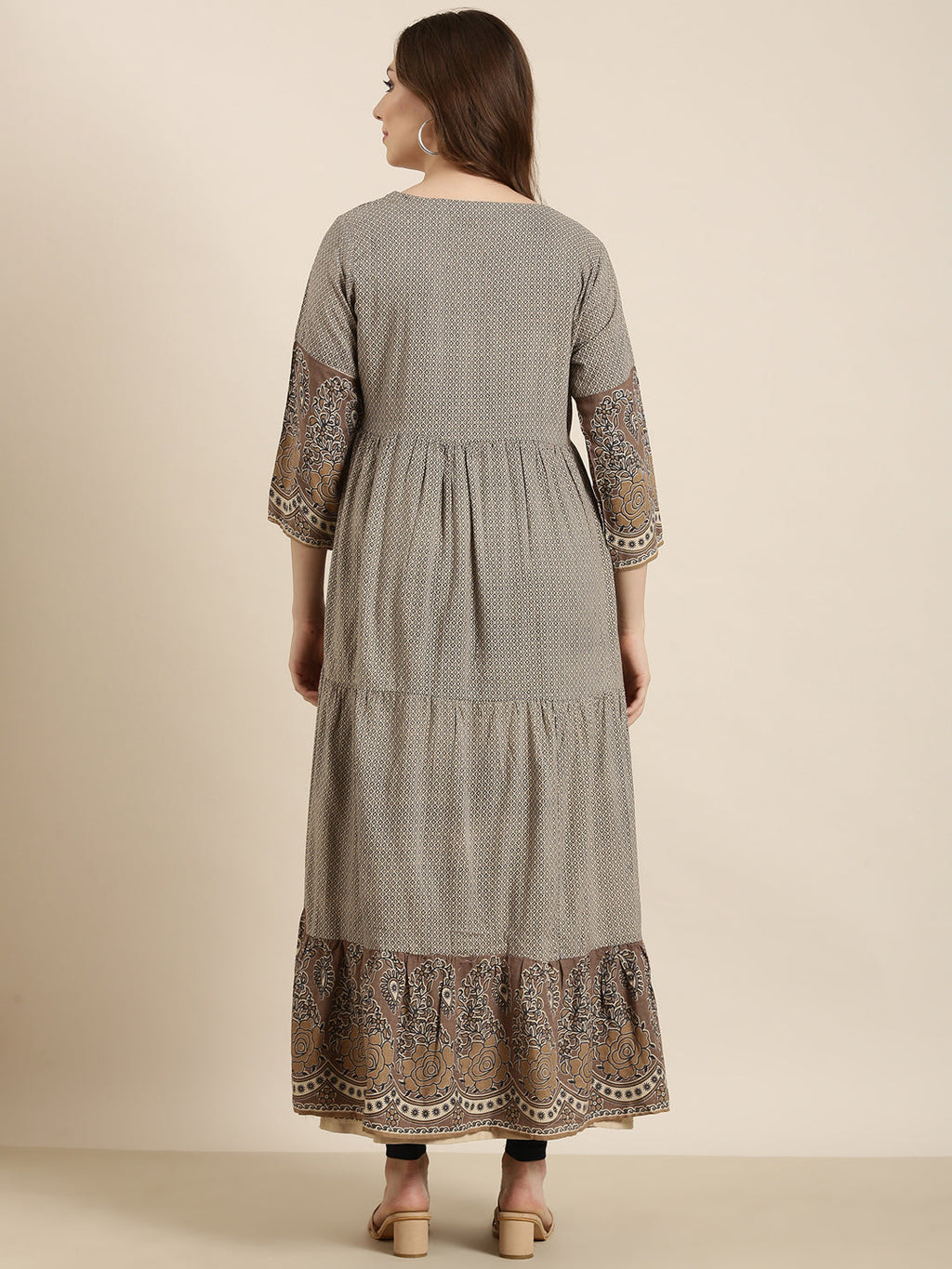 Women's Anarkali Beige Ethnic Motifs Kurta Comes With Overcoat