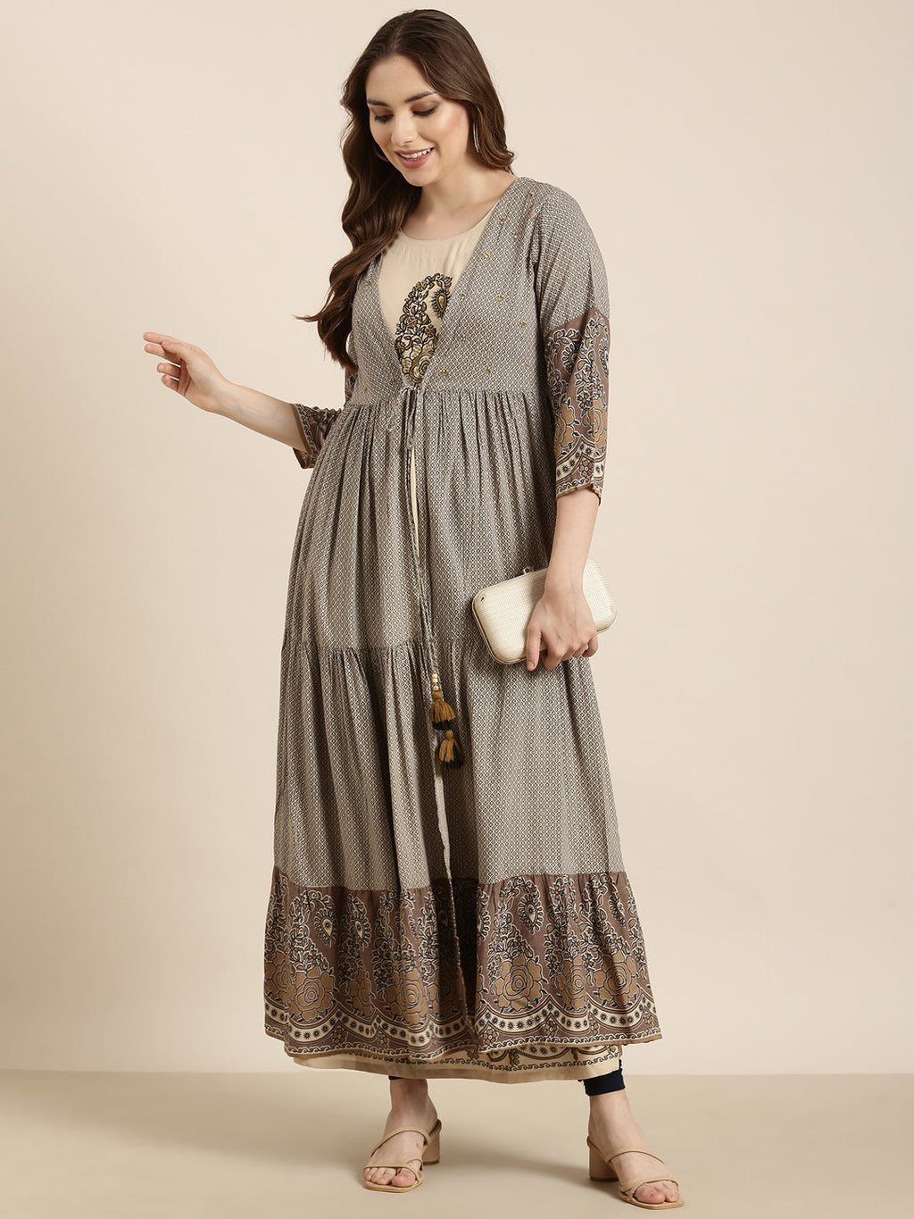 Women's Anarkali Beige Ethnic Motifs Kurta Comes With Overcoat