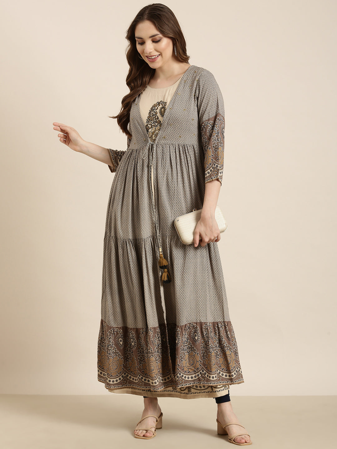 Women's Anarkali Beige Ethnic Motifs Kurta Comes With Overcoat