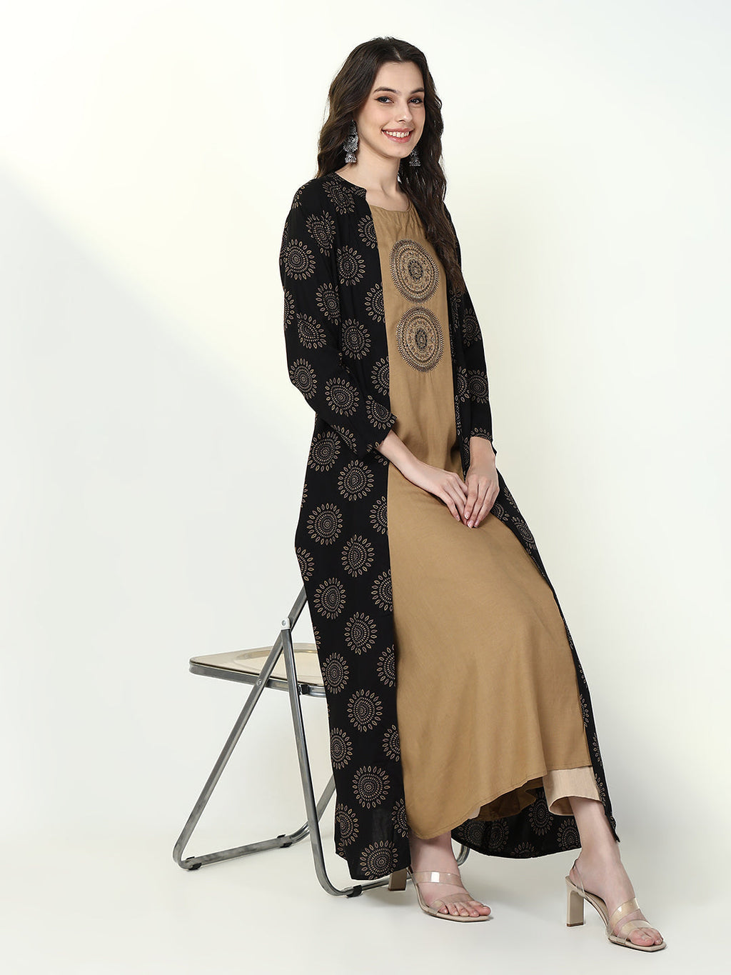 Women's Beige Solid A Line Kurta with Coat