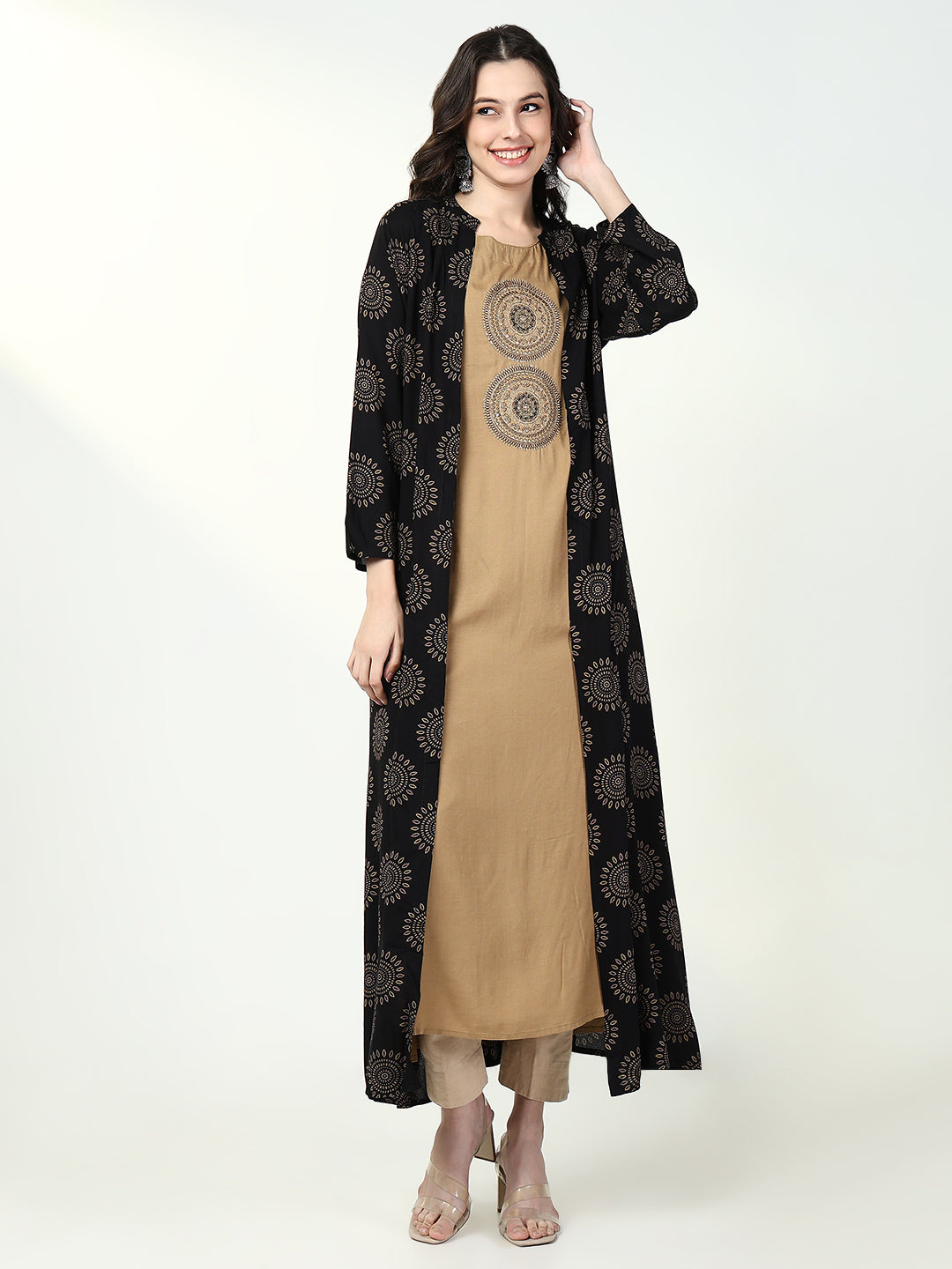 Women's Beige Solid A Line Kurta with Coat