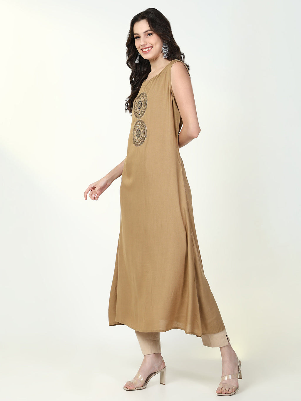 Women's Beige Solid A Line Kurta with Coat