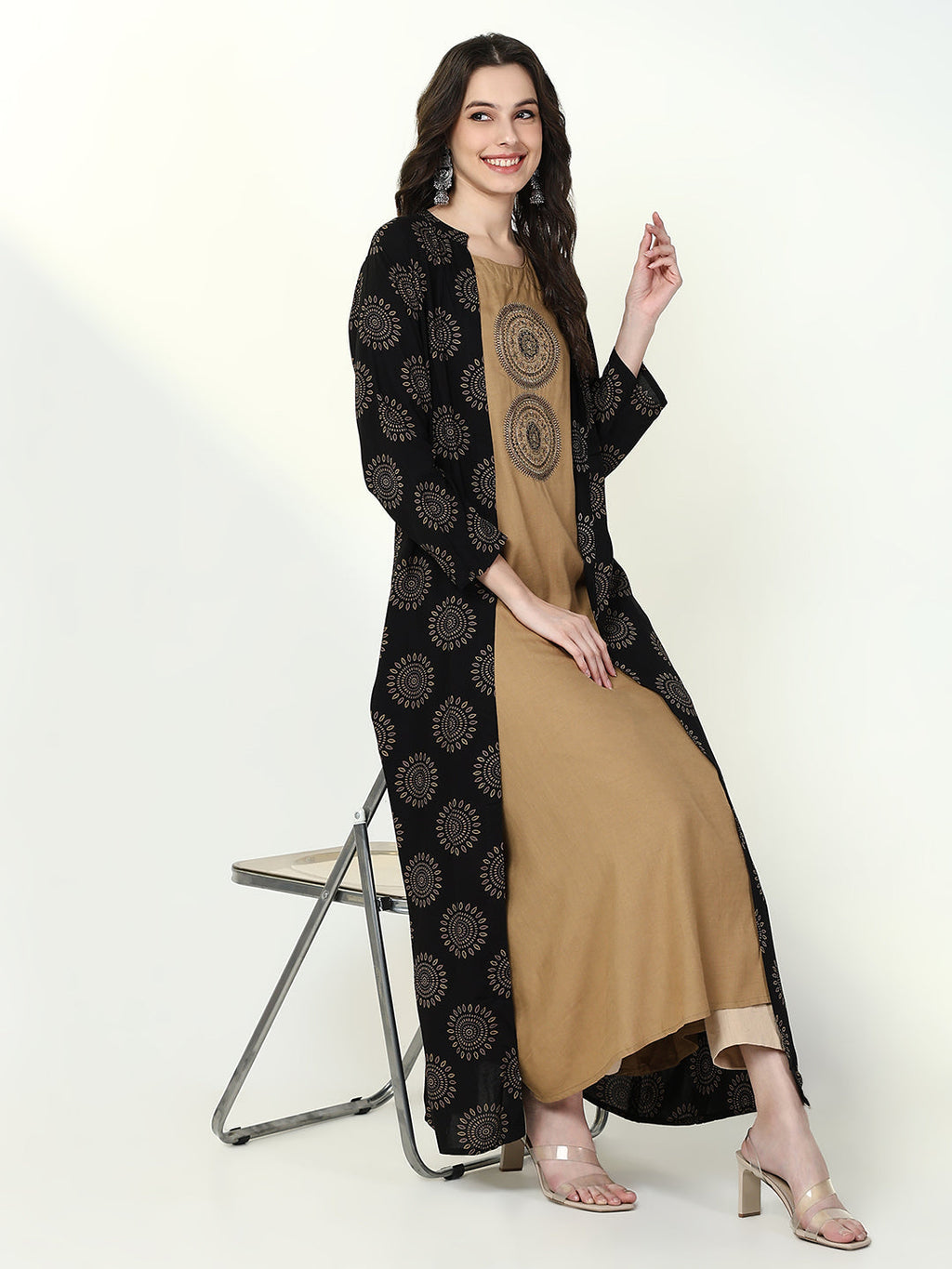 Women's Beige Solid A Line Kurta with Coat