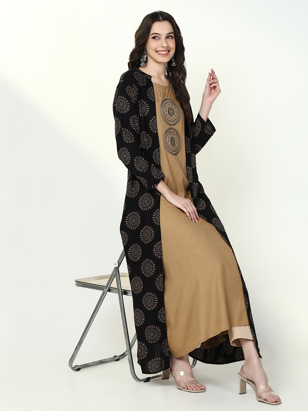Women's Beige Solid A Line Kurta with Coat