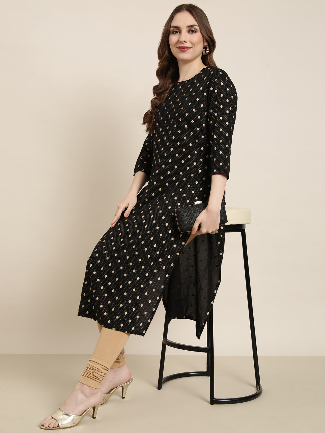 Women's Straight Black Geometric Kurta