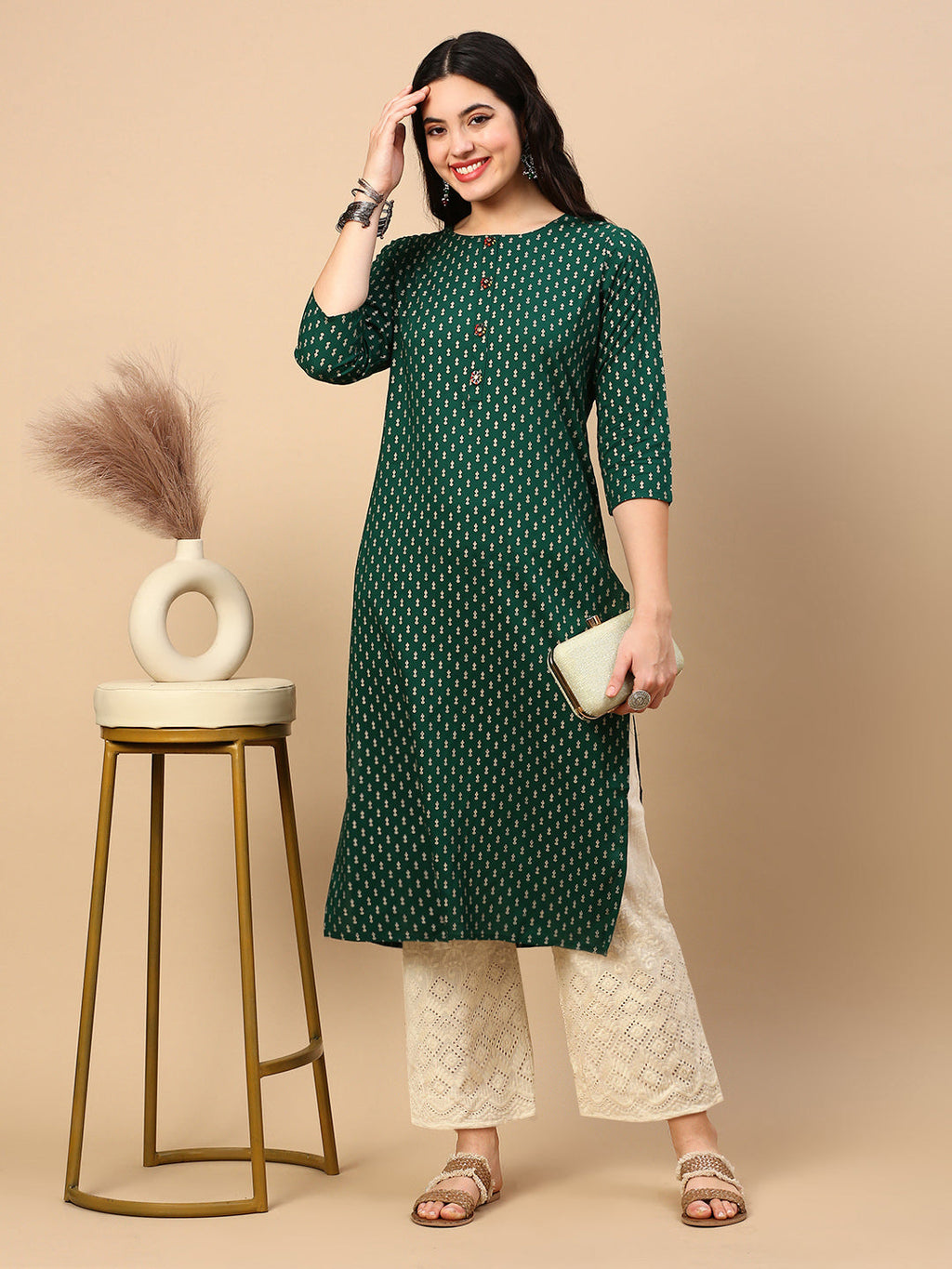 Women's Straight Green Ethnic Motifs Kurta
