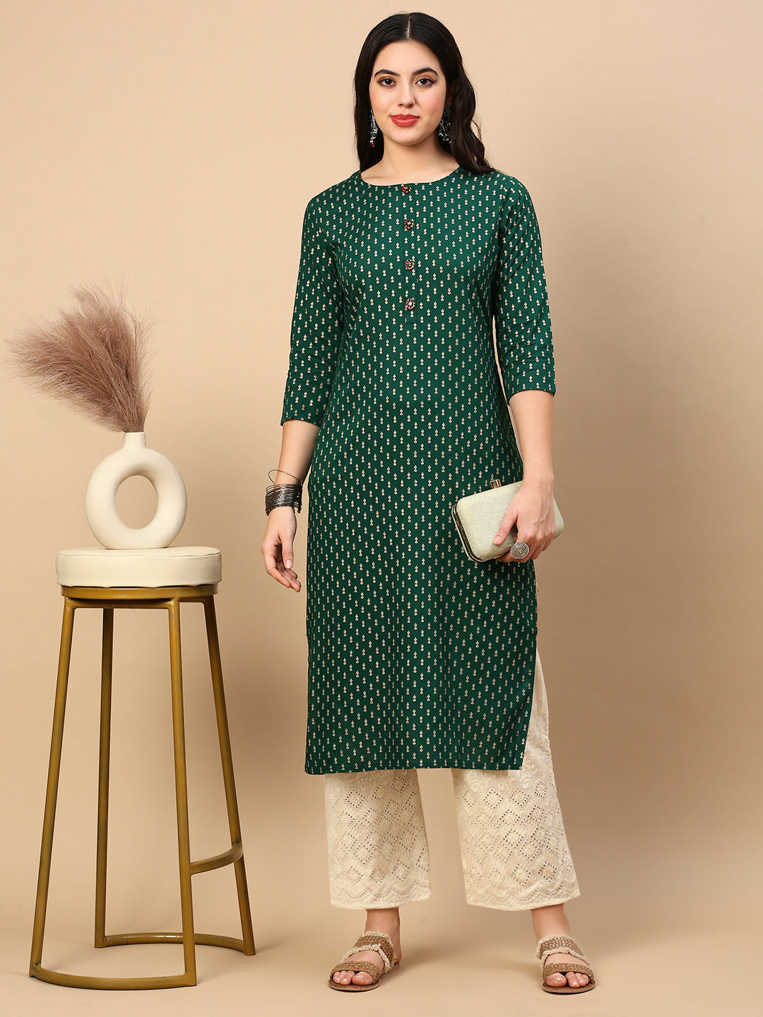 Women's Straight Green Ethnic Motifs Kurta