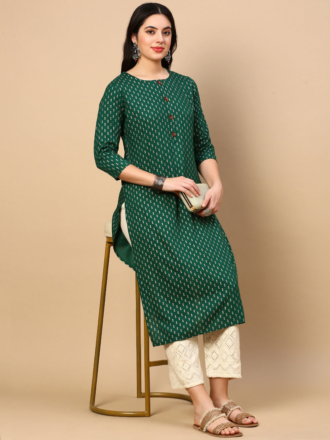 Women's Straight Green Ethnic Motifs Kurta