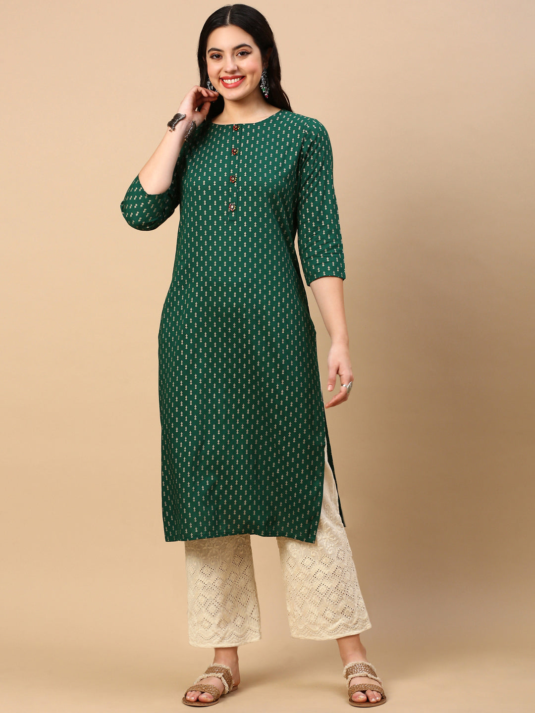 Women's Straight Green Ethnic Motifs Kurta