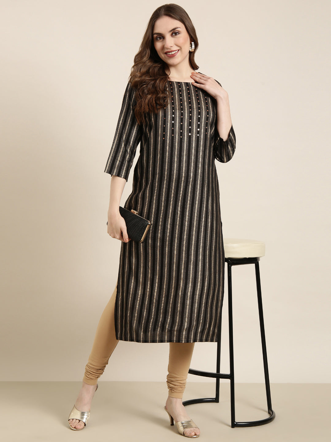 Women's Straight Black Striped Kurta