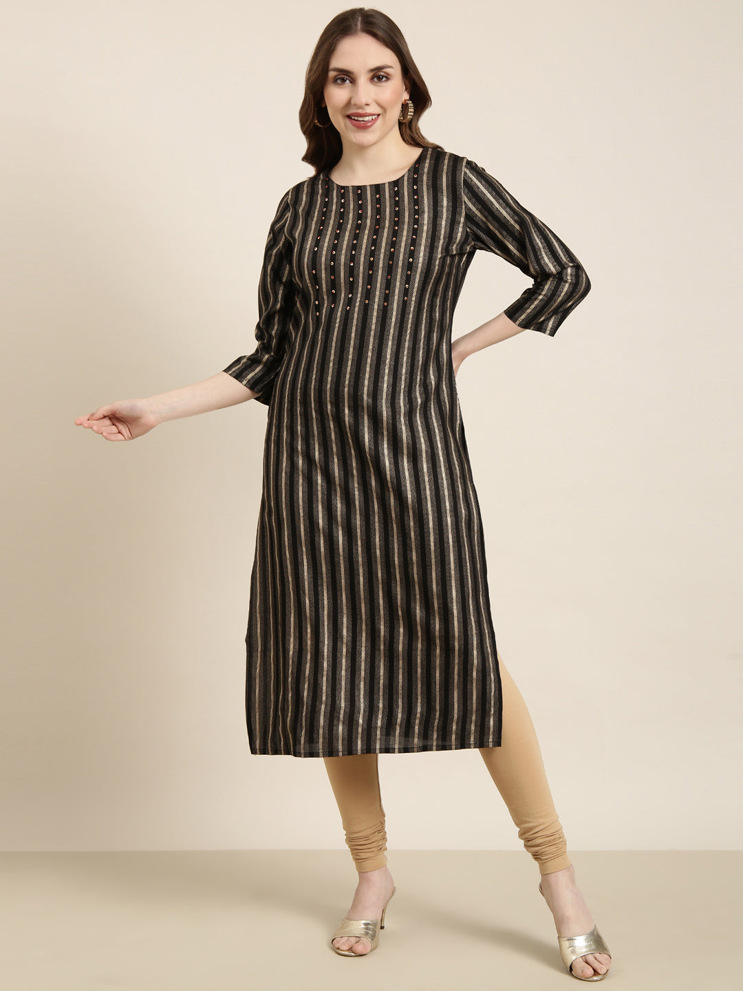 Women's Straight Black Striped Kurta