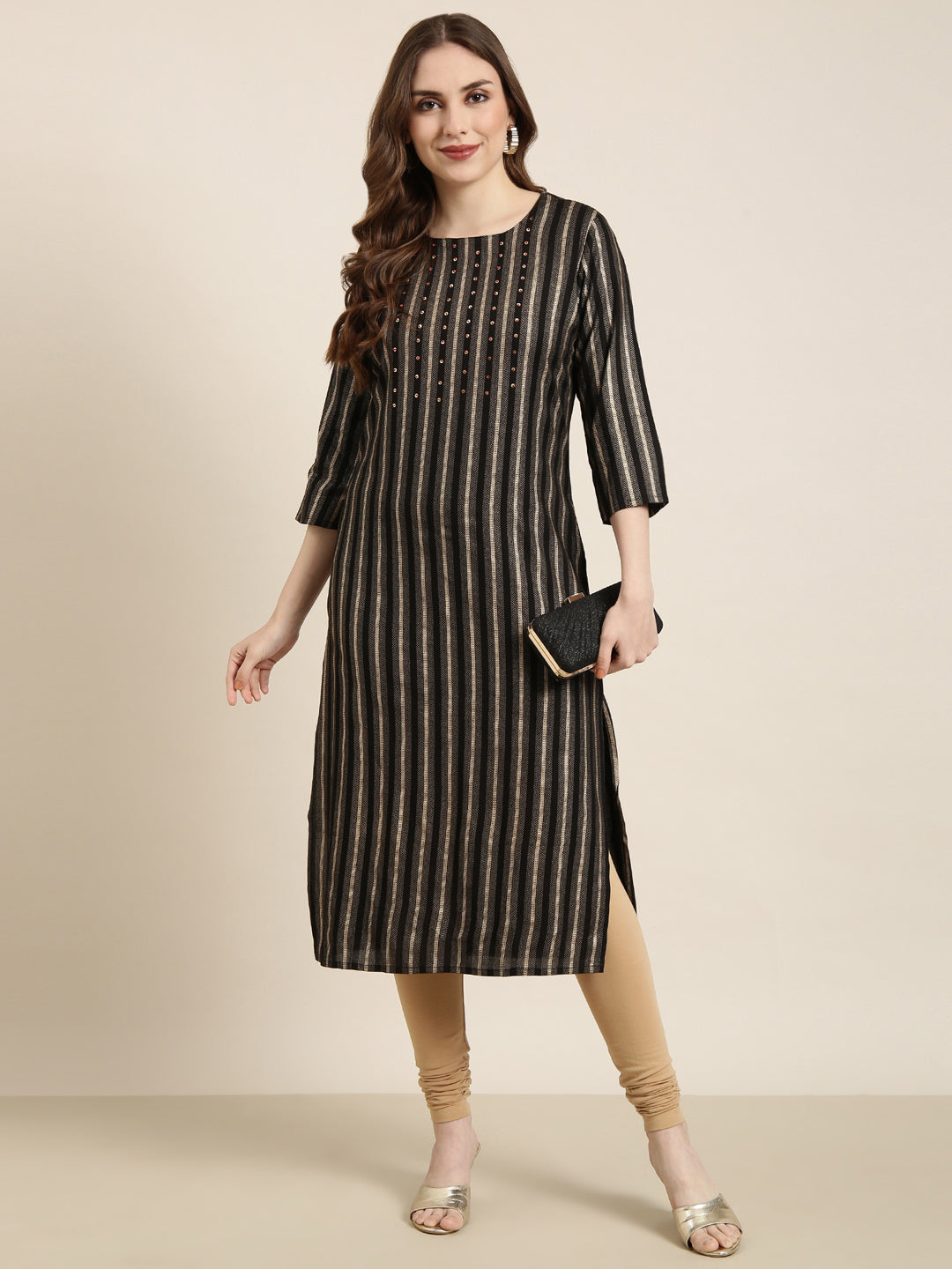 Women's Straight Black Striped Kurta