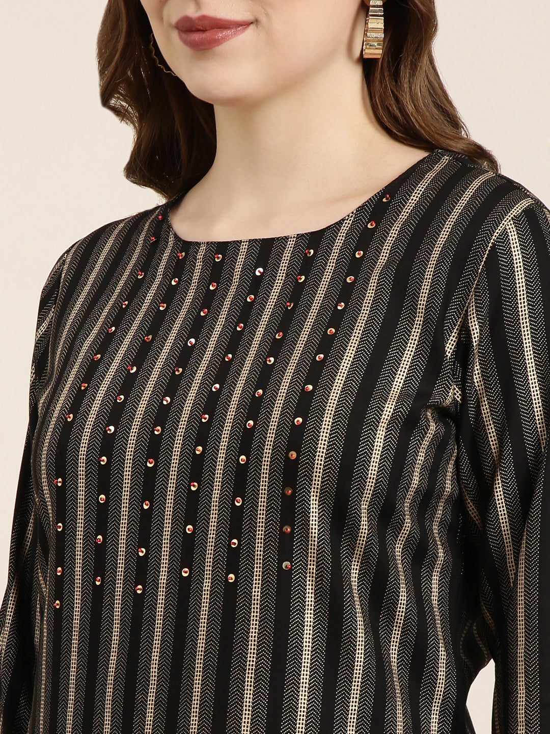 Women's Straight Black Striped Kurta