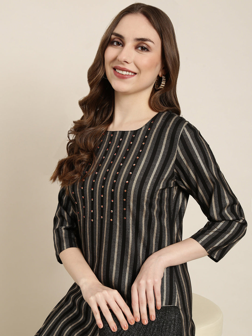 Women's Straight Black Striped Kurta