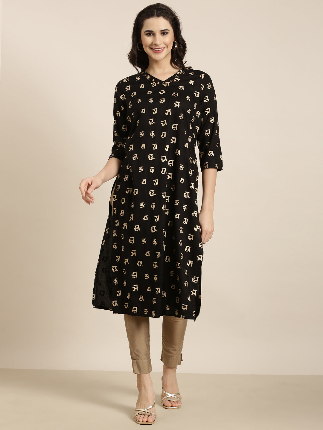 Women's Straight Black Ethnic Motifs Kurta