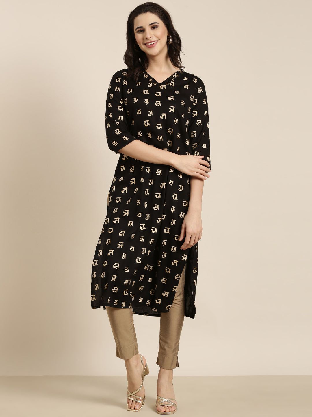 Women's Straight Black Ethnic Motifs Kurta
