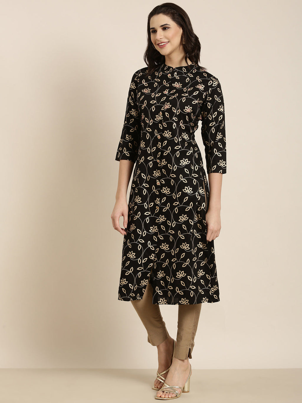 Women's Straight Black Floral Kurta