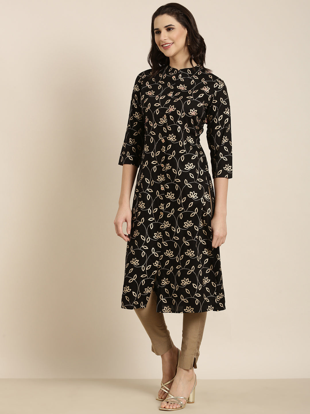 Women's Straight Black Floral Kurta