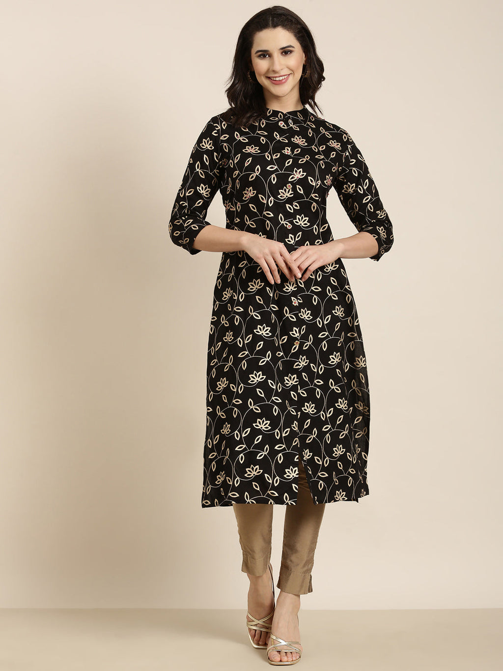 Women's Straight Black Floral Kurta