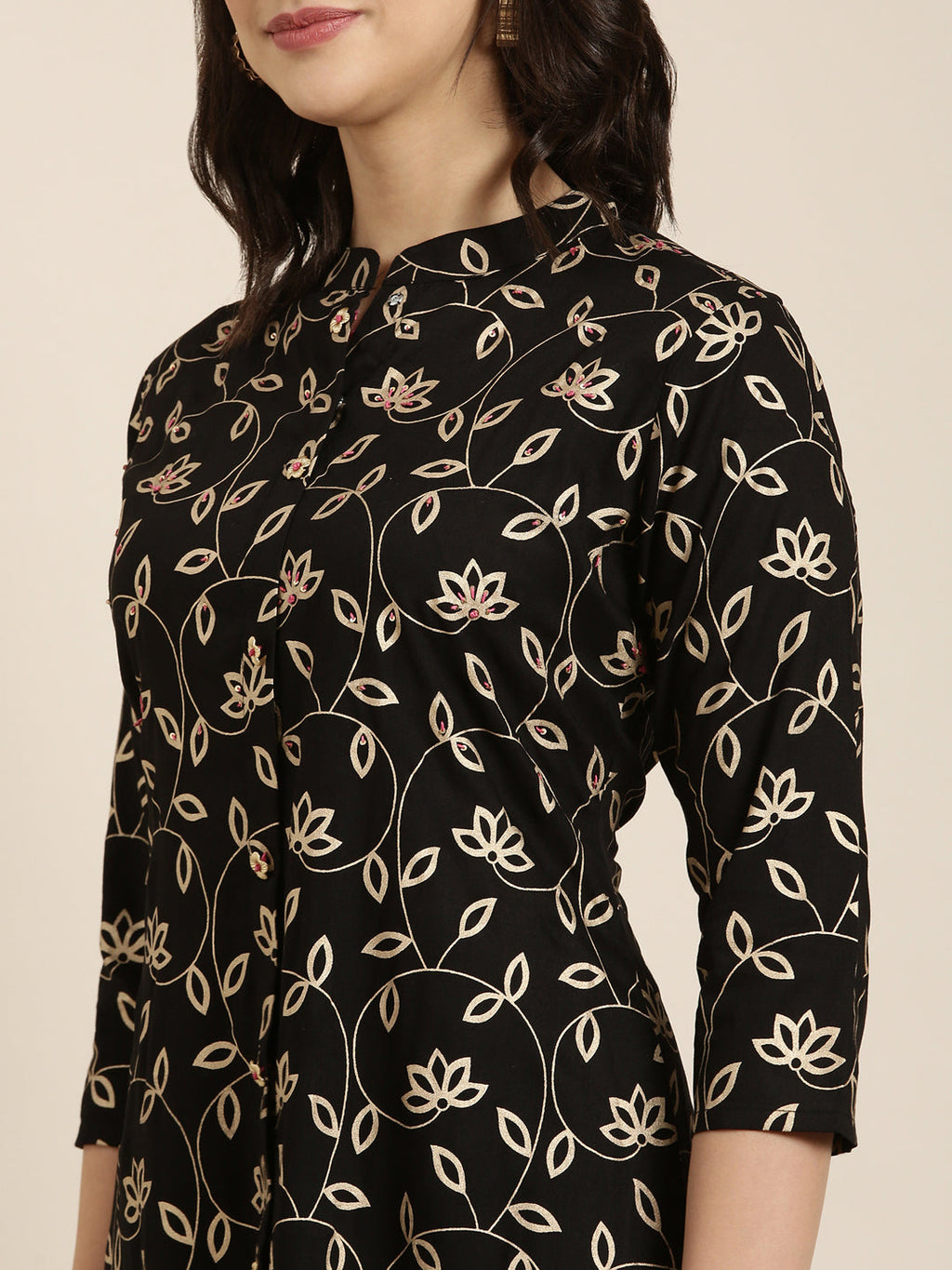 Women's Straight Black Floral Kurta