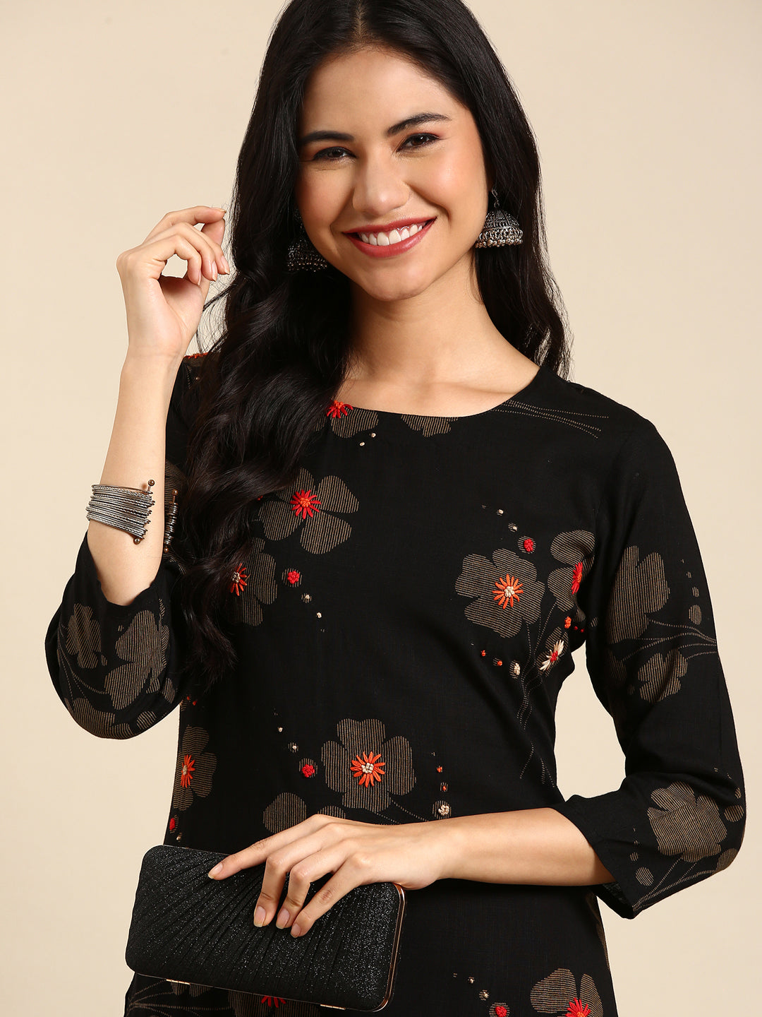 Women's Embroidered Black Straight Kurta