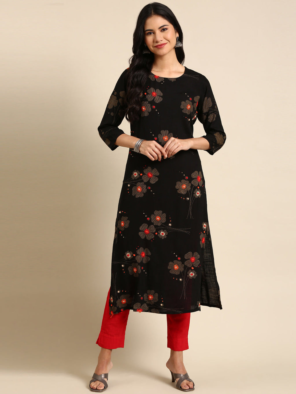 Women's Embroidered Black Straight Kurta