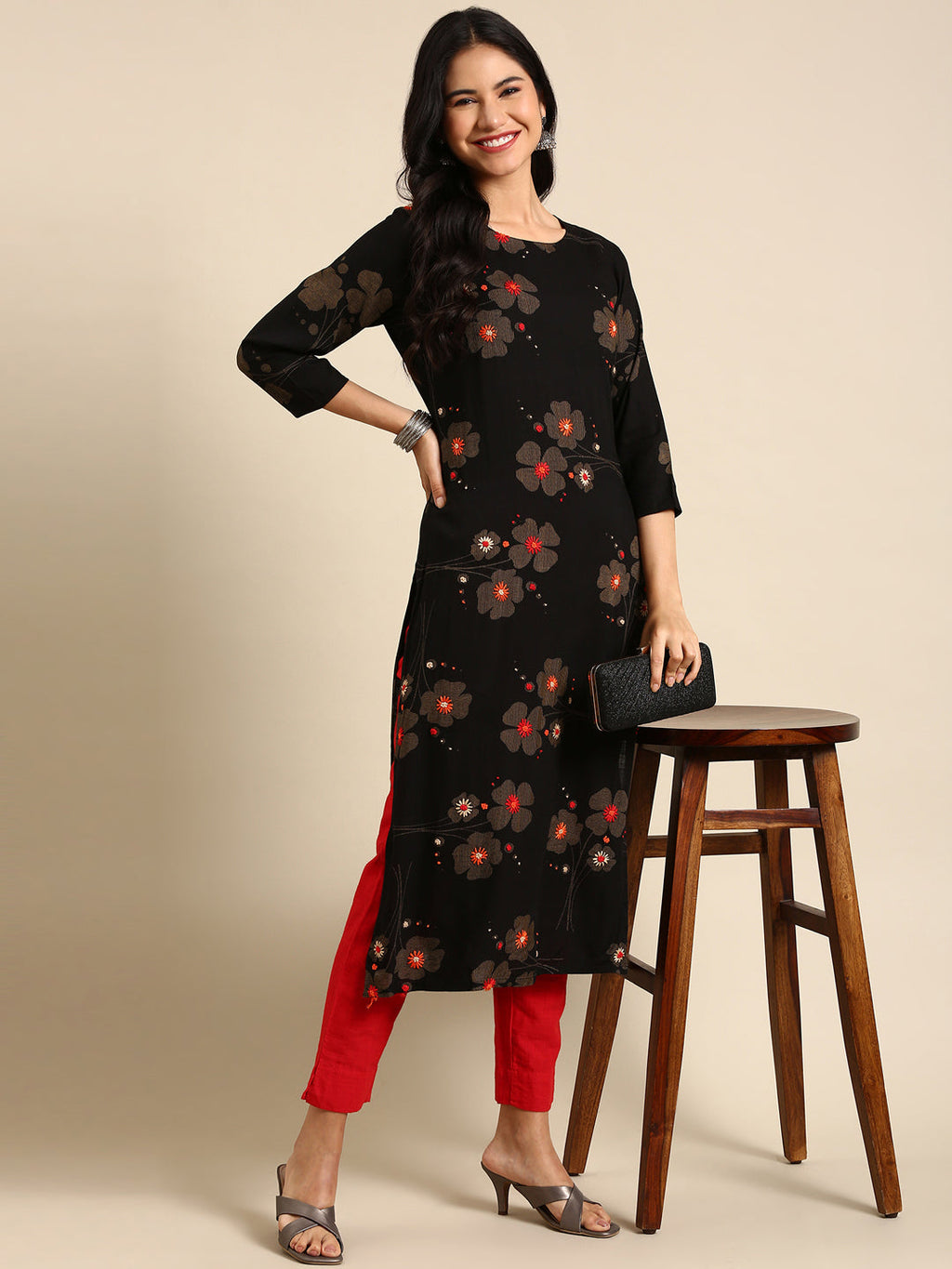 Women's Embroidered Black Straight Kurta