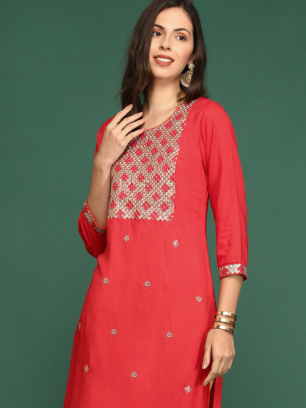 Women's Red Embellished Straight Kurta