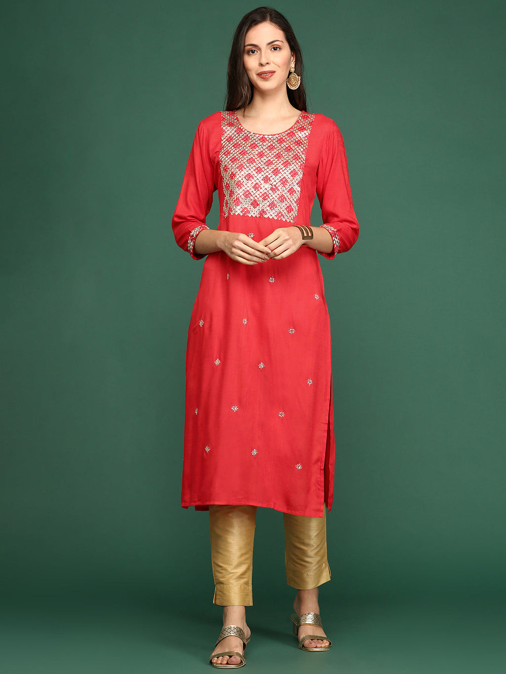 Women's Red Embellished Straight Kurta