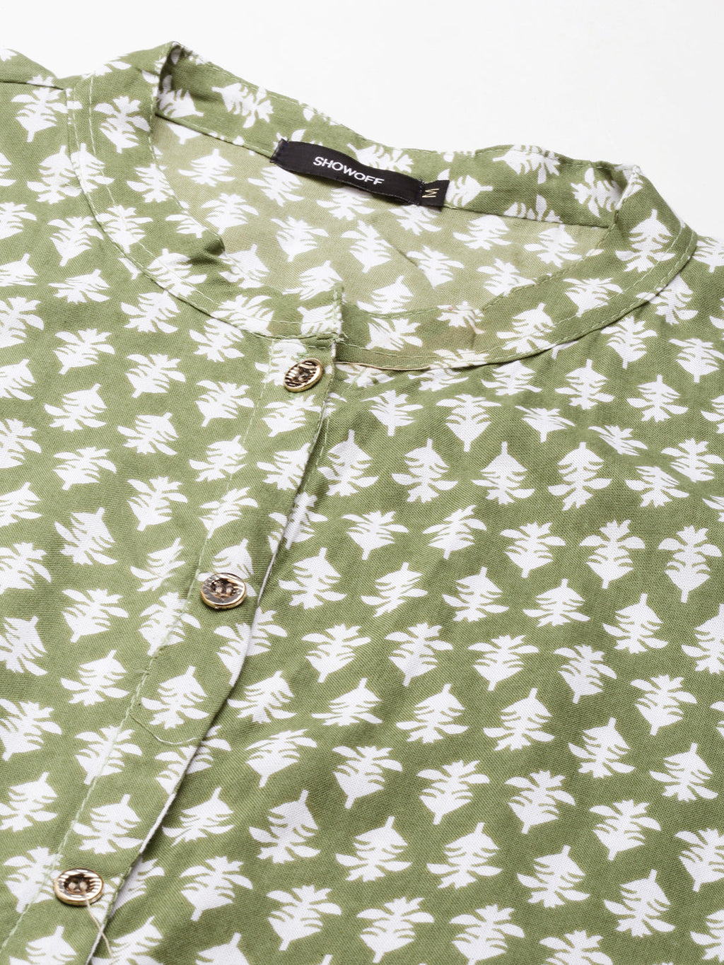 Women's Green Mandarin Collar Floral Printed Straight Kurta