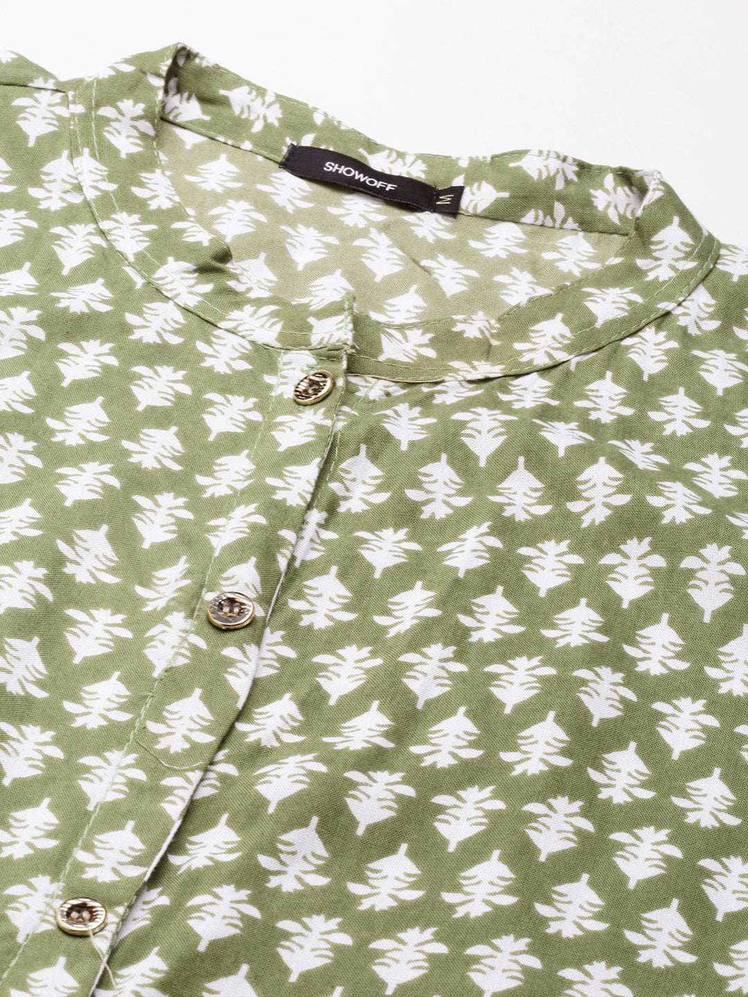 Women's Green Mandarin Collar Floral Printed Straight Kurta