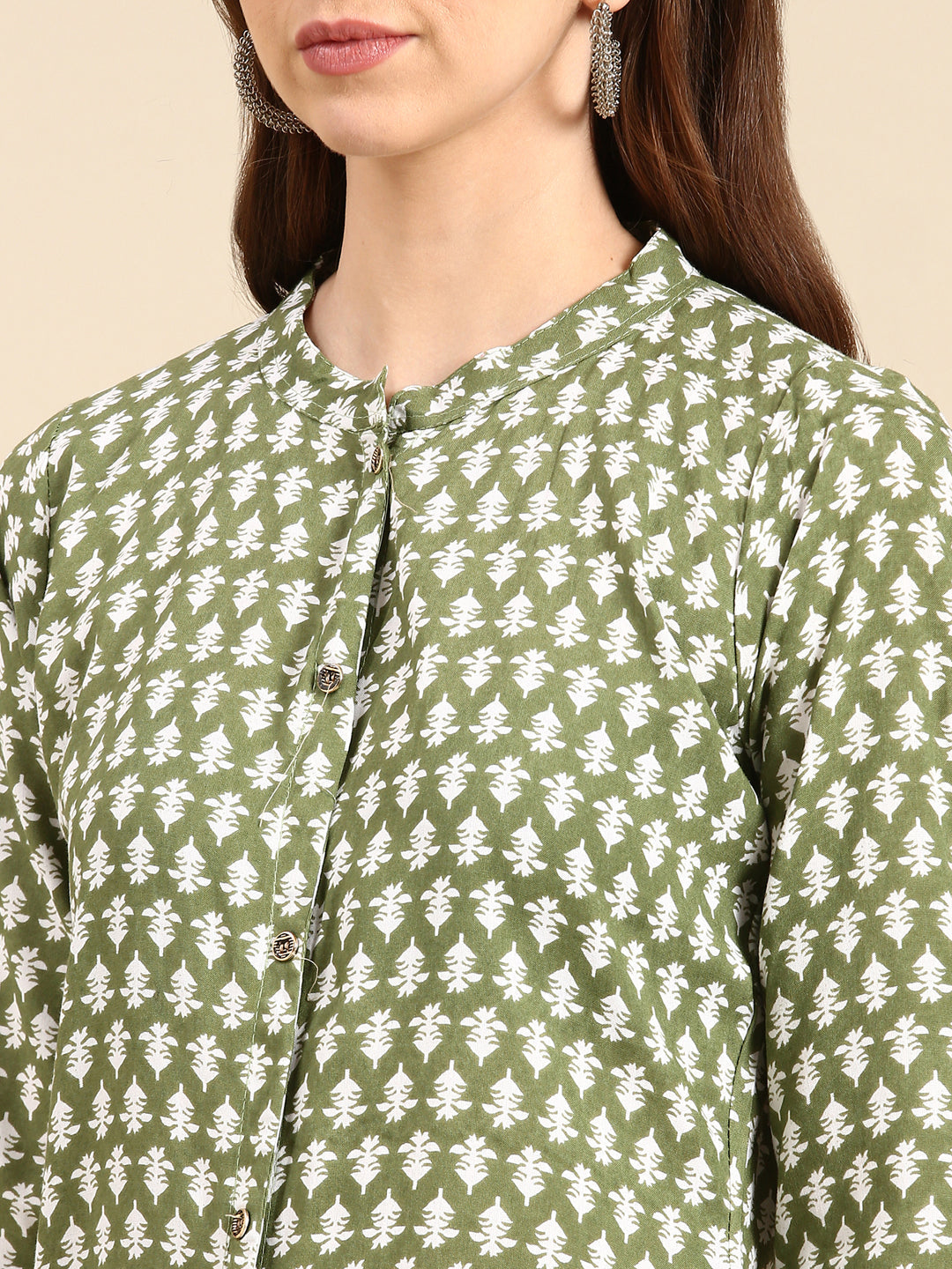 Women's Green Mandarin Collar Floral Printed Straight Kurta