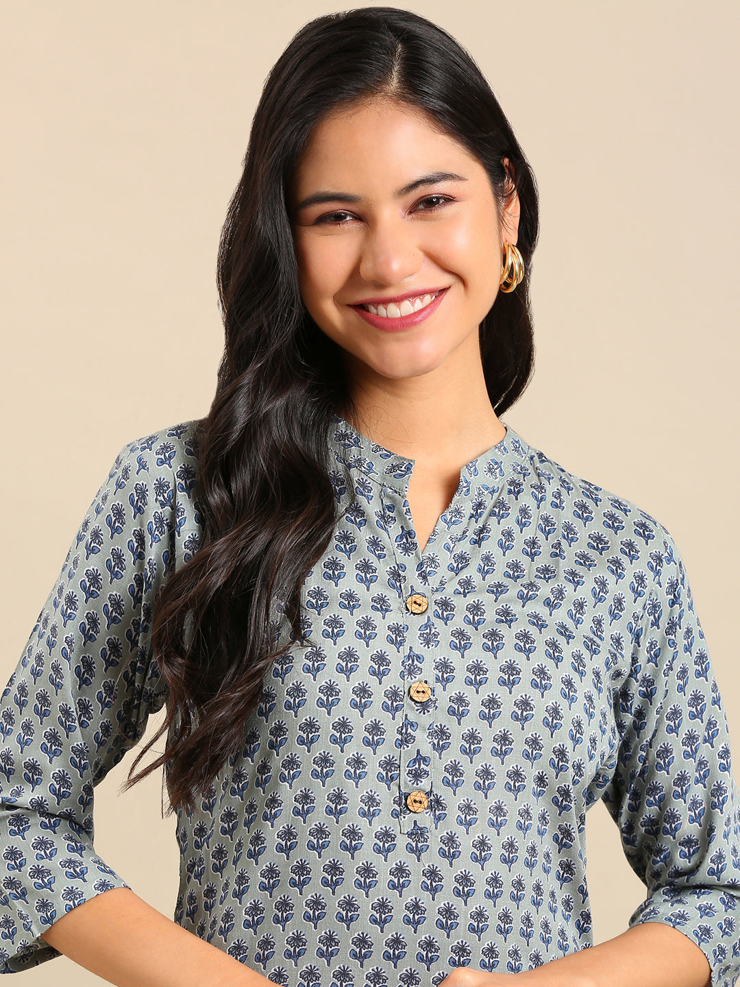 Women's Sea Green Floral Printed Straight Kurta