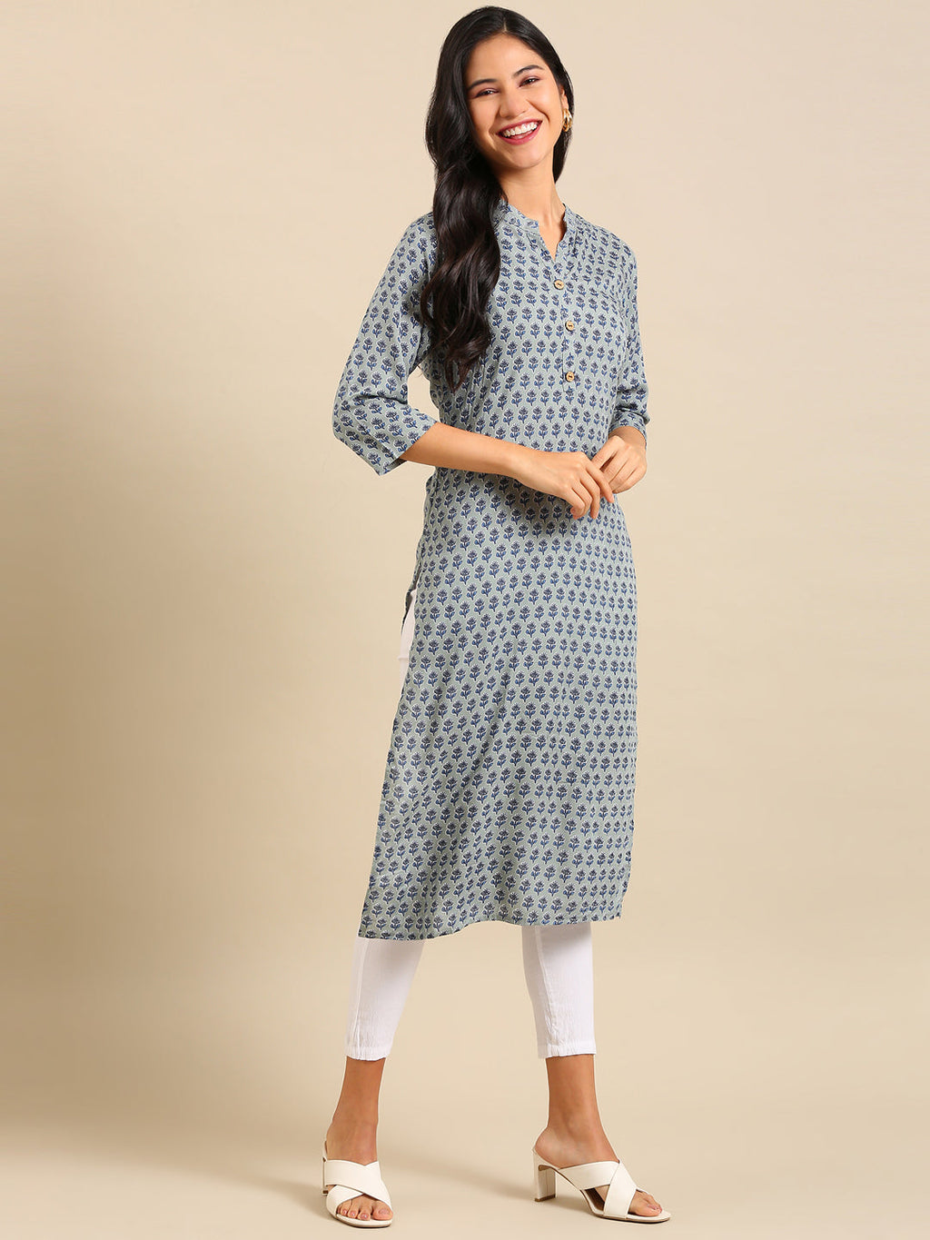 Women's Sea Green Floral Printed Straight Kurta
