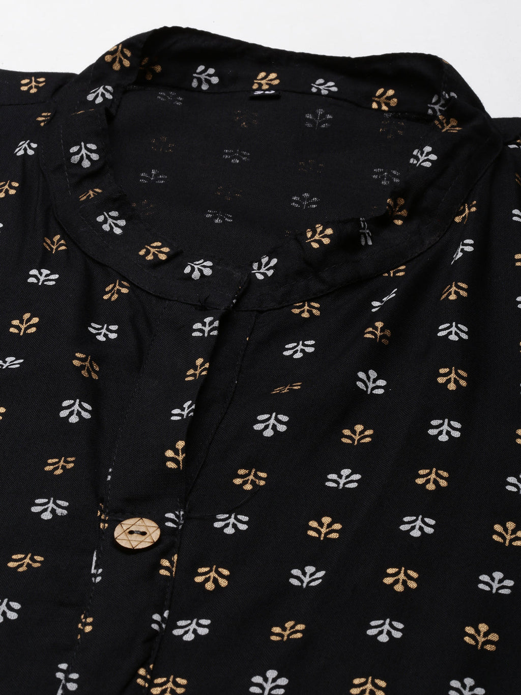 Women's Black Mandarin Collar Ethnic Motifs Printed Straight Kurta