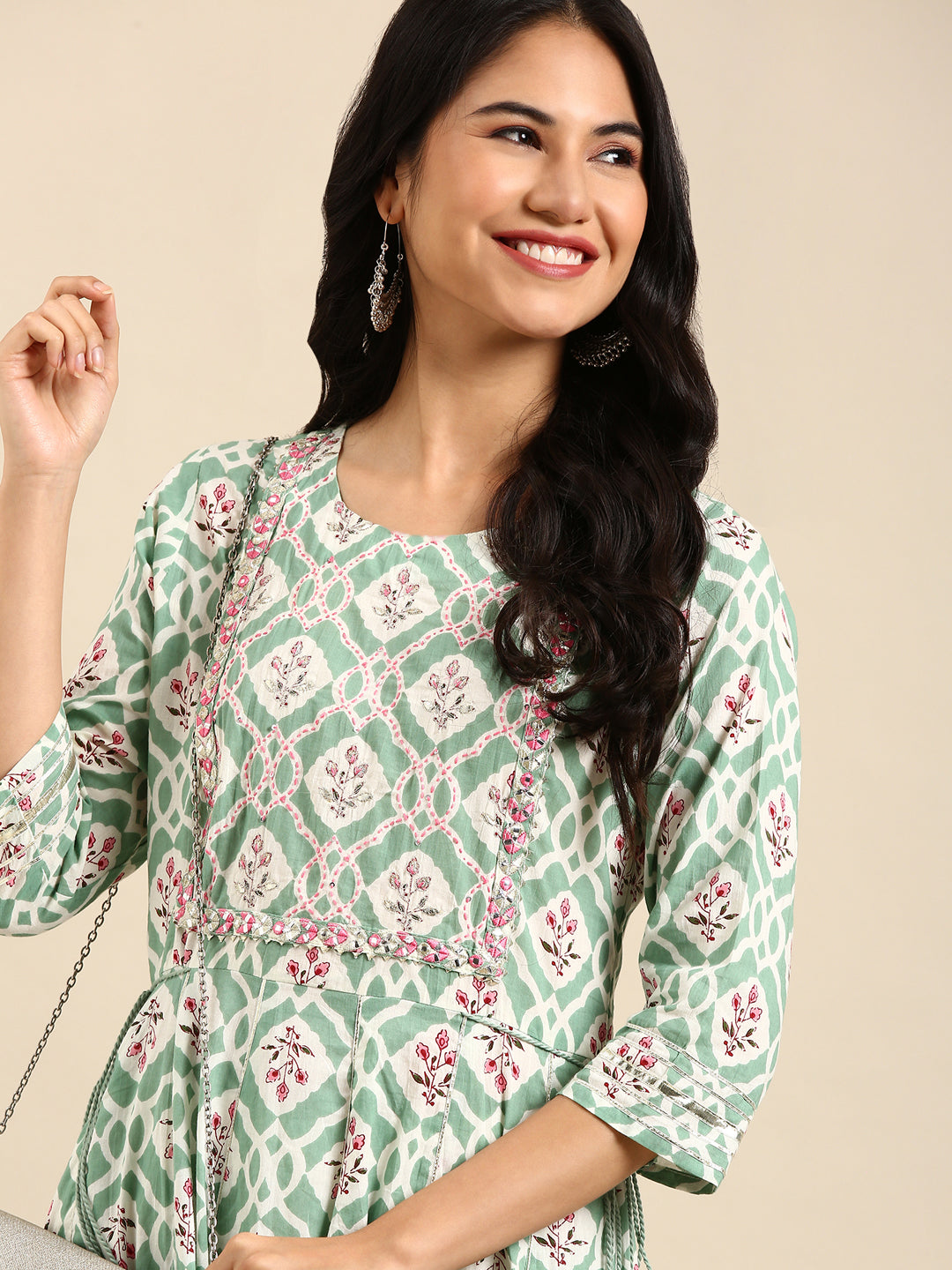 Women's Sea Green Floral Printed Cotton Anarkali Kurta