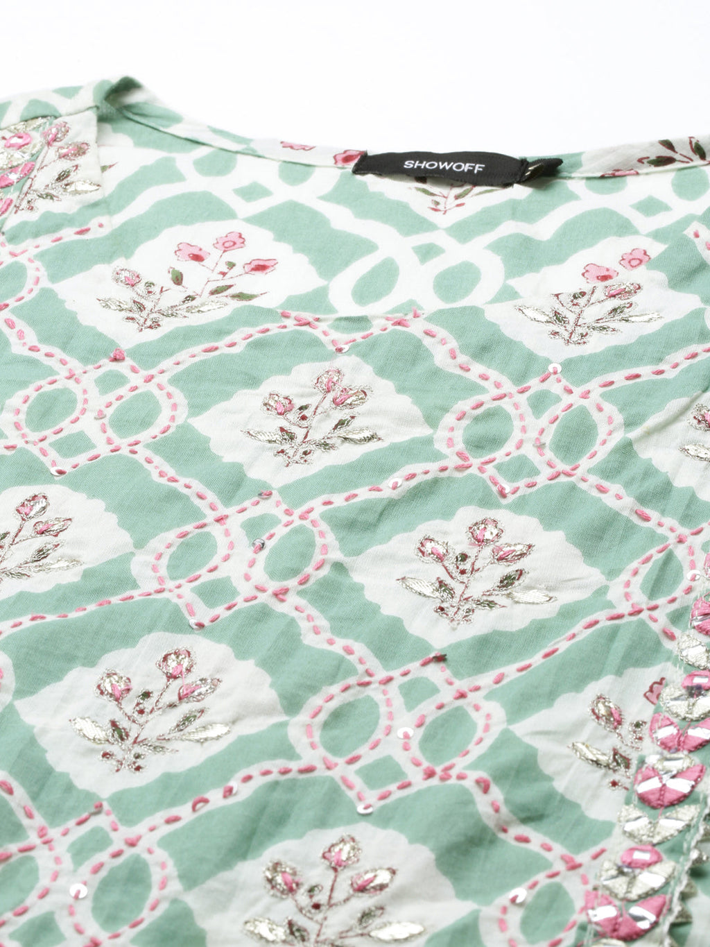 Women's Sea Green Floral Printed Cotton Anarkali Kurta