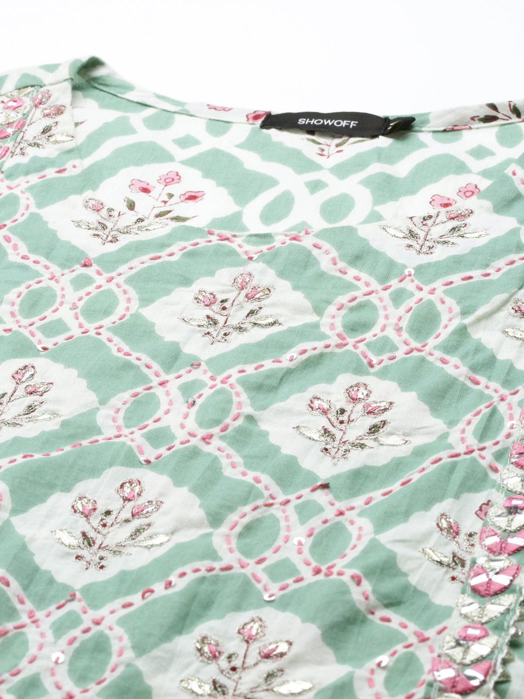 Women's Sea Green Floral Printed Cotton Anarkali Kurta