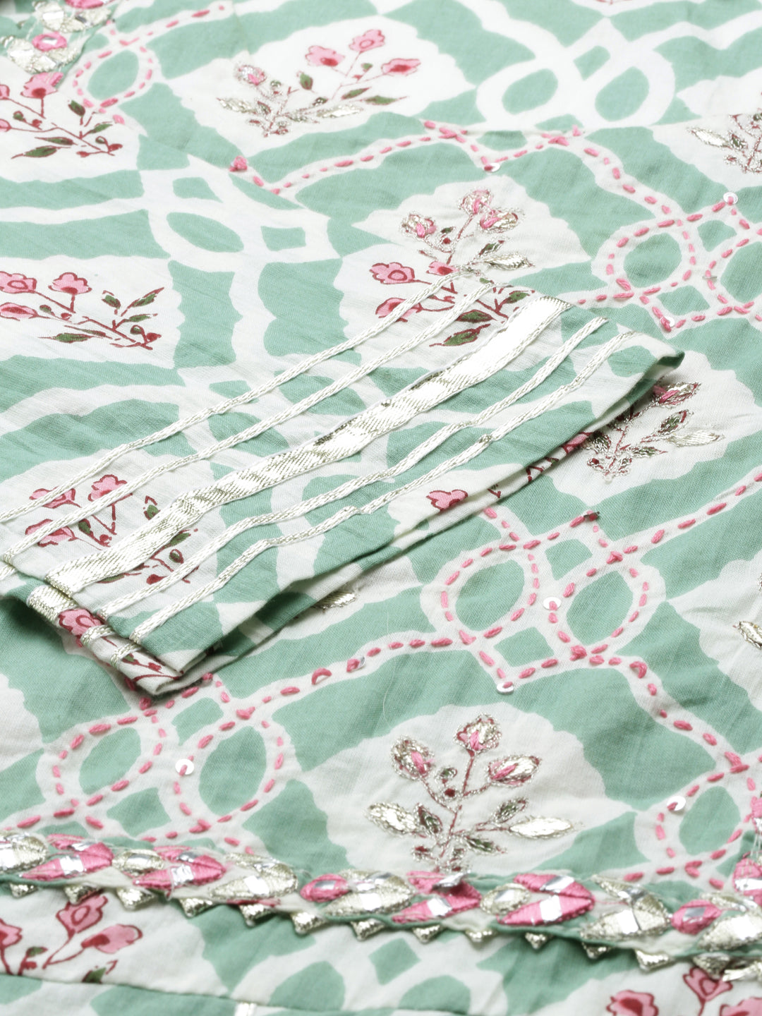 Women's Sea Green Floral Printed Cotton Anarkali Kurta