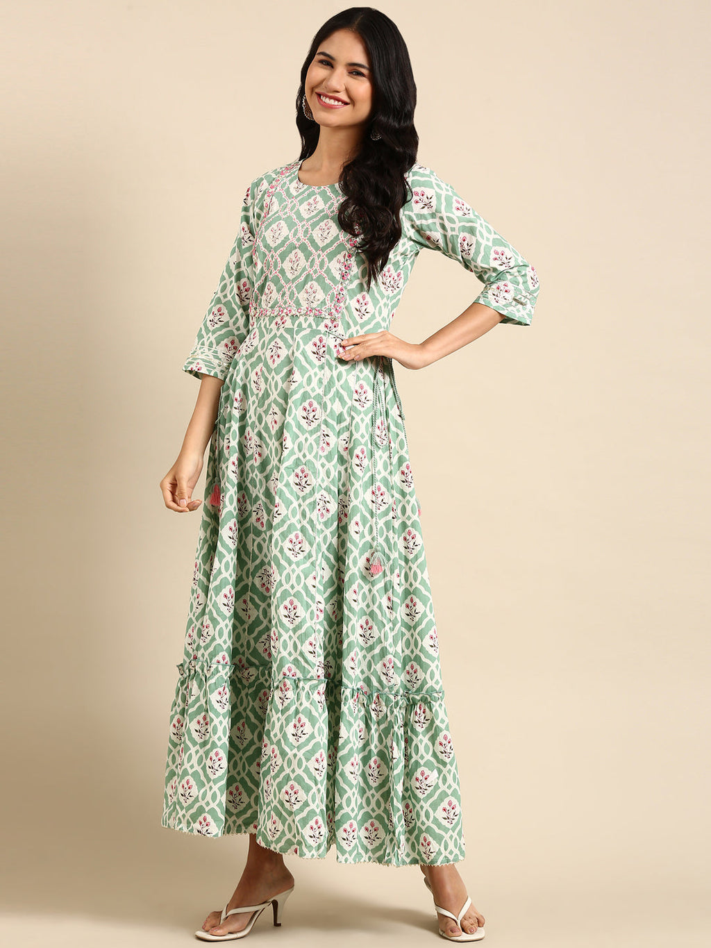 Women's Sea Green Floral Printed Cotton Anarkali Kurta